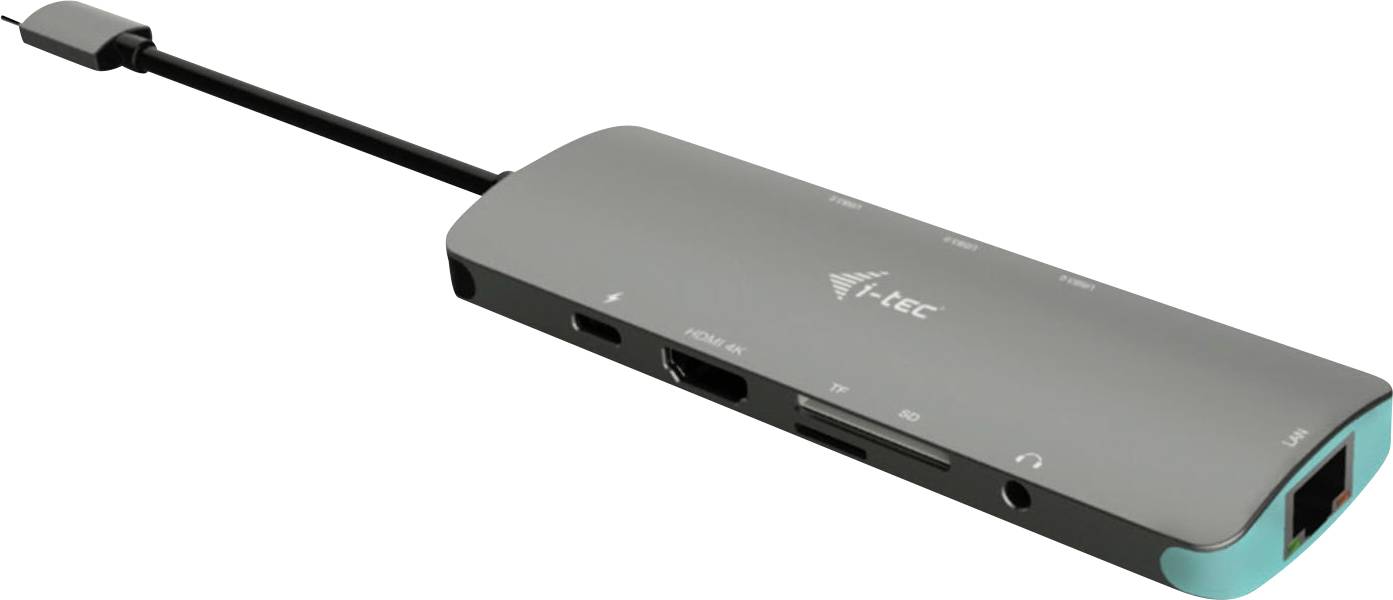 Szary hub USB-C z wieloma portami, w tym HDMI, Ethernet, USB i gniazda kart SD, do rozbudowy urządzeń.