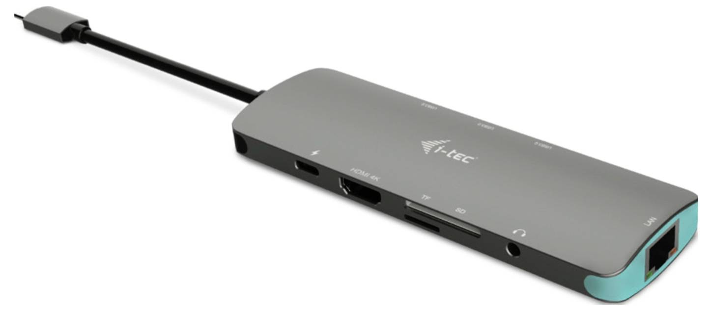 Czarny hub USB-C z wieloma portami, w tym HDMI, USB-A, Ethernet i czytnikiem kart.