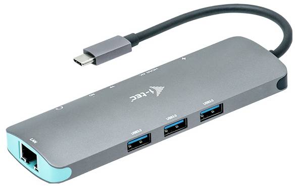 Koncentrator USB-C z trzema portami USB 3.0, portem LAN oraz wyjściem HDMI. Kabel zakończony wtyczką USB-C z jednej strony.