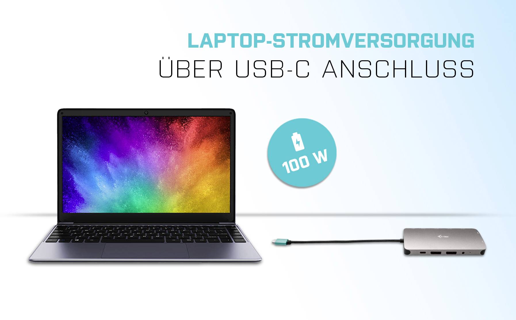Zasilanie laptopa przez złącze USB-C, 100 W" przedstawia laptopa podłączonego do ładowarki za pomocą kabla USB-C.