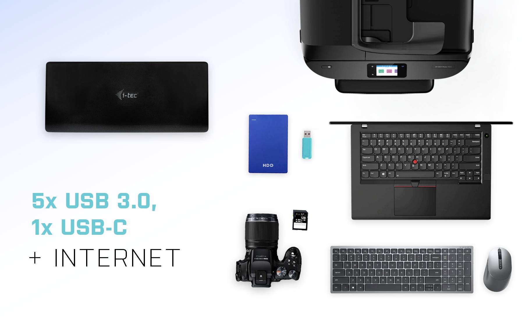 Laptop, mysz, klawiatura, kamera, drukarka i hub USB przedstawione. Tekst: '5x USB 3.0, 1x USB-C + INTERNET'. Połączenia zobrazowane.