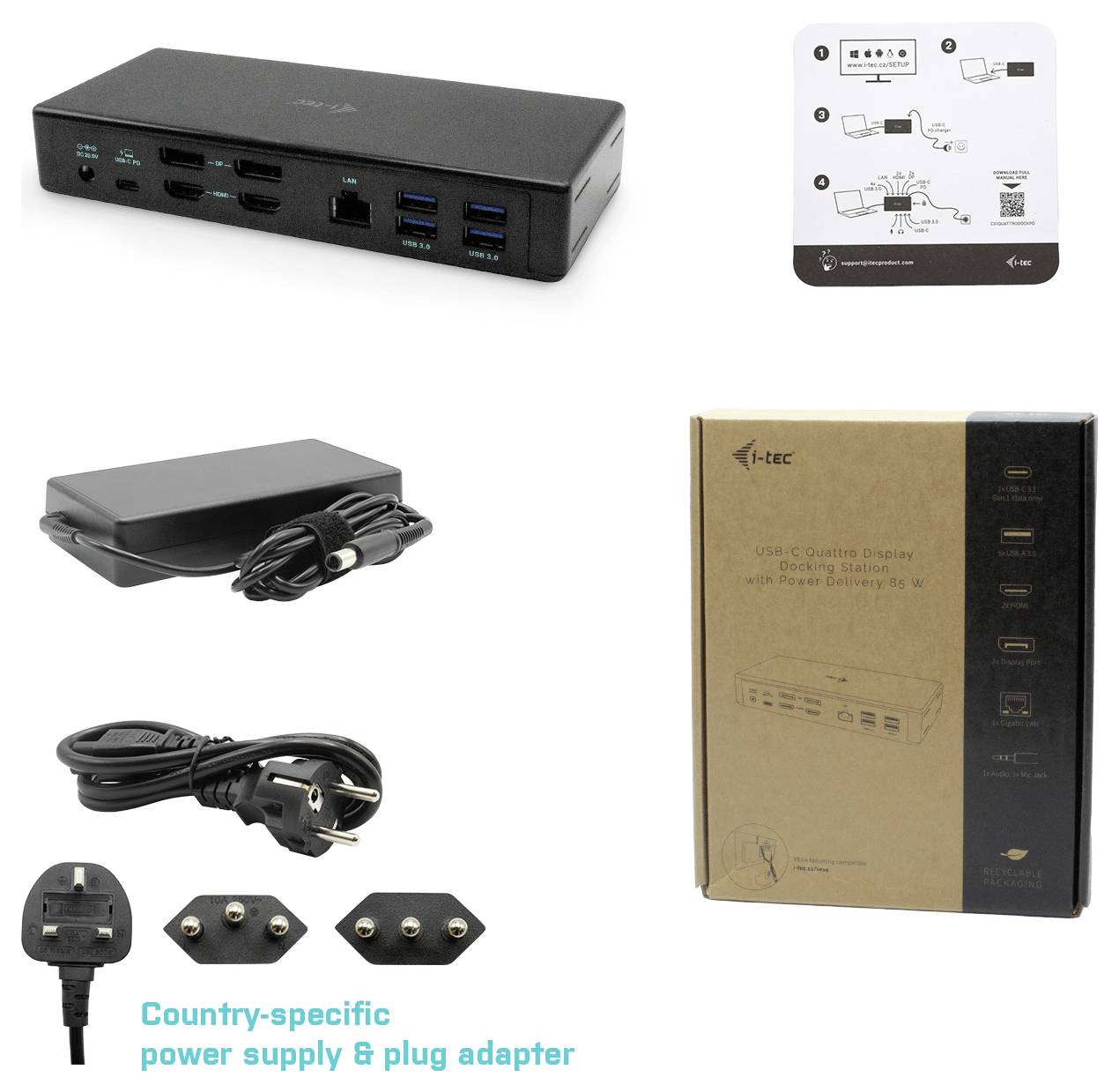 Zestaw stacji dokującej USB-C zawiera stację dokującą, zasilacz, kabel i adapter. Odpowiedni do podłączenia wielu urządzeń.