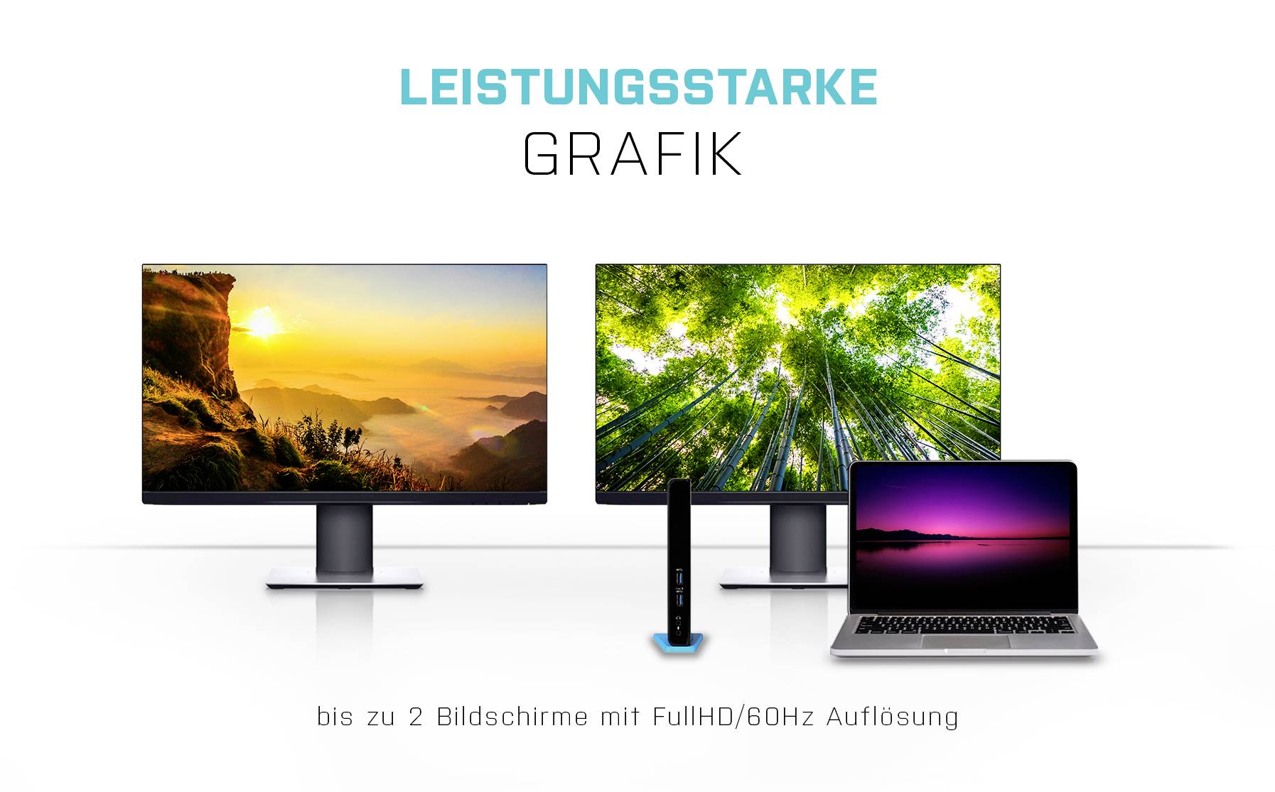 Dwa monitory i laptop wyświetlają różne krajobrazy, nad którymi widnieje tekst „Wydajna grafika".