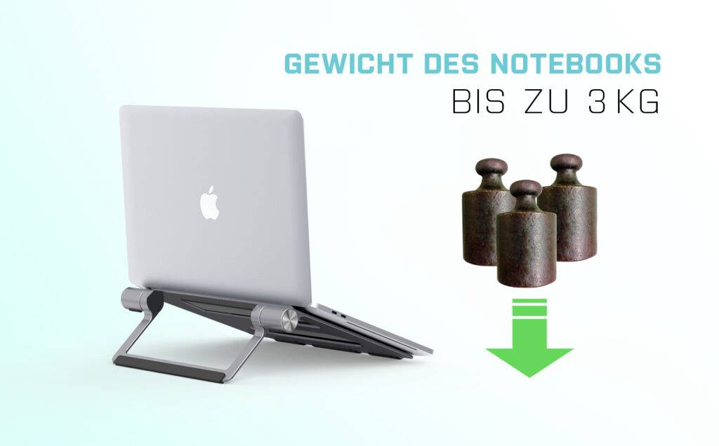 Notes leżący na stojaku. Tekst: 'Waga notebooka do 3 kg'. Obok trzech symboli wagowych i zielona strzałka skierowana w dół.