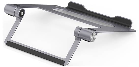 Metalowy stojak na laptopa, nowoczesny i smukły, podnoszący laptopa dla ergonomicznego użytkowania. Regulowany kąt nachylenia, stabilne podparcie.