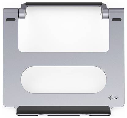 Szary metalowy stojak na laptopa z otworami wentylacyjnymi i czarną antypoślizgową krawędzią, oznaczony logo 'I-tec' w dolnym prawym rogu.