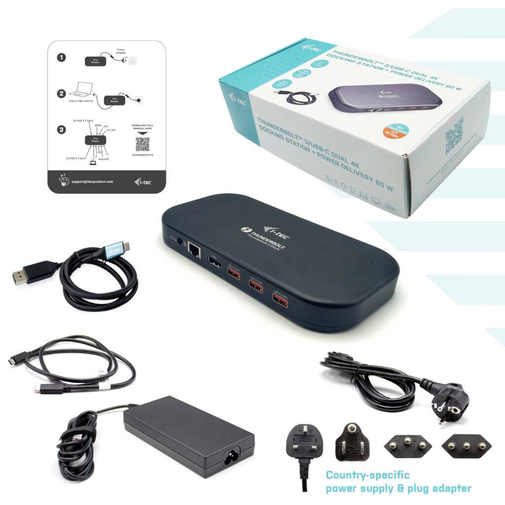 Czarna stacja dokująca z wieloma portami, kablami USB, zasilaczem sieciowym i różnymi adapterami. W zestawie opakowanie i instrukcja instalacji.