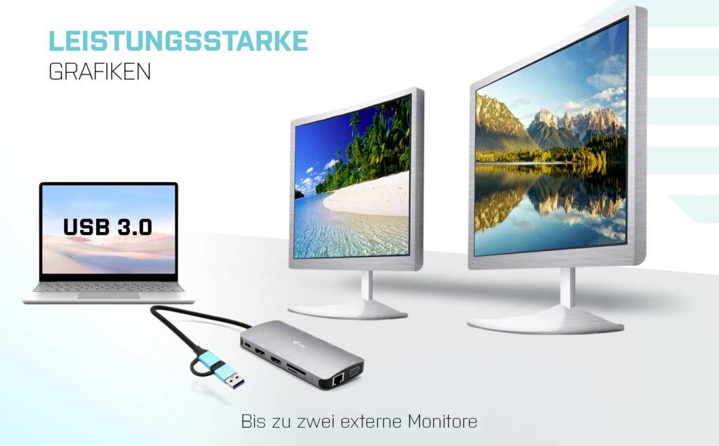 Rysunek przedstawia dwa monitory i laptopa. Wyświetlacz laptopa: 'USB 3.0'. Tekst: 'Wydajna grafika, do dwóch monitorów zewnętrznych'.