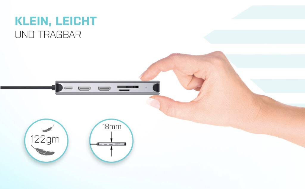 Dłoń trzyma smukły, przenośny adapter z portami. Tekst: "Mały, lekki i przenośny", waga 122g, grubość 18mm.