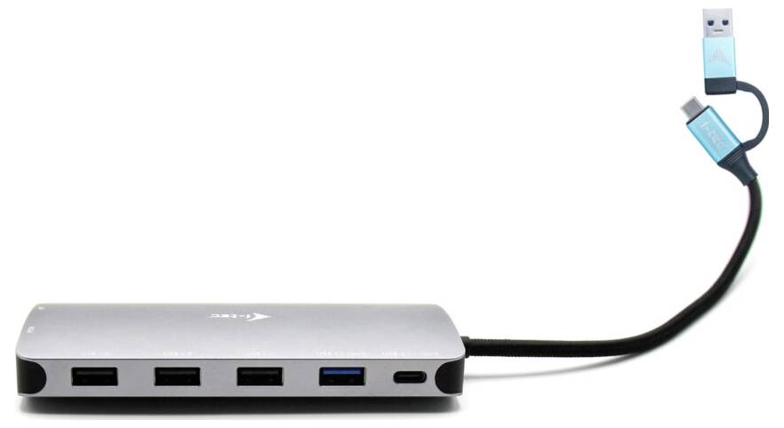 Koncentrator USB z czterema portami i kablem, do którego podłączony jest wtyk USB oraz niebieski pendrive.