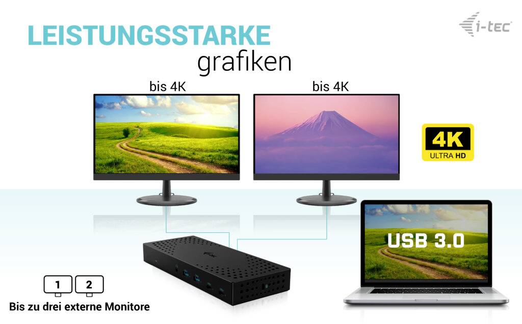 Mocna grafika: Stacja dokująca USB 3.0 łączy laptopa z maksymalnie trzema monitorami w rozdzielczości 4K UHD.
