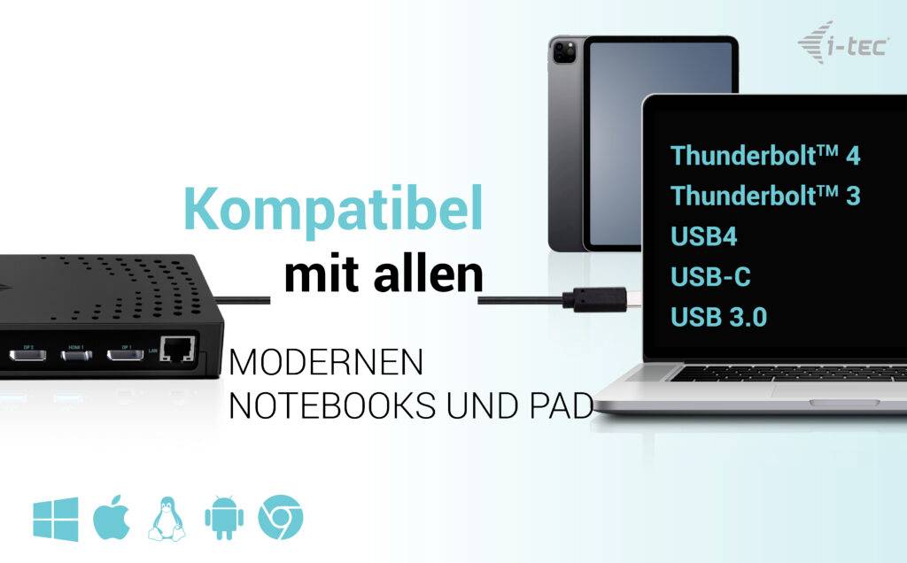 'Kompatybilny ze wszystkimi nowoczesnymi notebookami i iPadami. Obsługiwane złącza: Thunderbolt 4, Thunderbolt 3, USB4, USB-C, USB 3.0.'