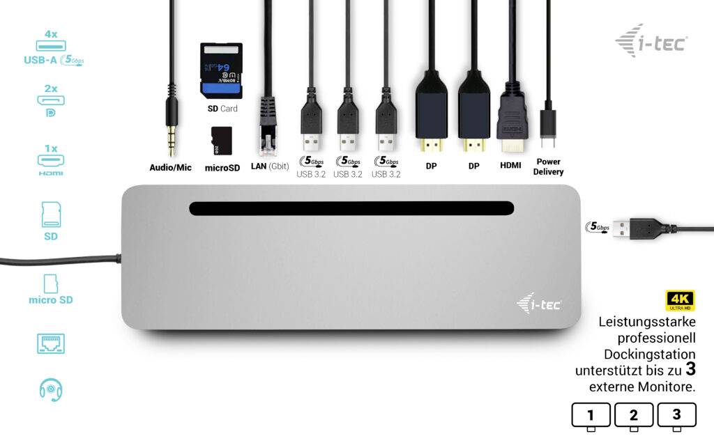 Stacja dokująca z wieloma portami: USB-A, USB-C, Audio/Mikrofon, microSD, LAN, SD, USB 3.0, DP, HDMI, Power Delivery. Obsługuje do 3 monitorów.