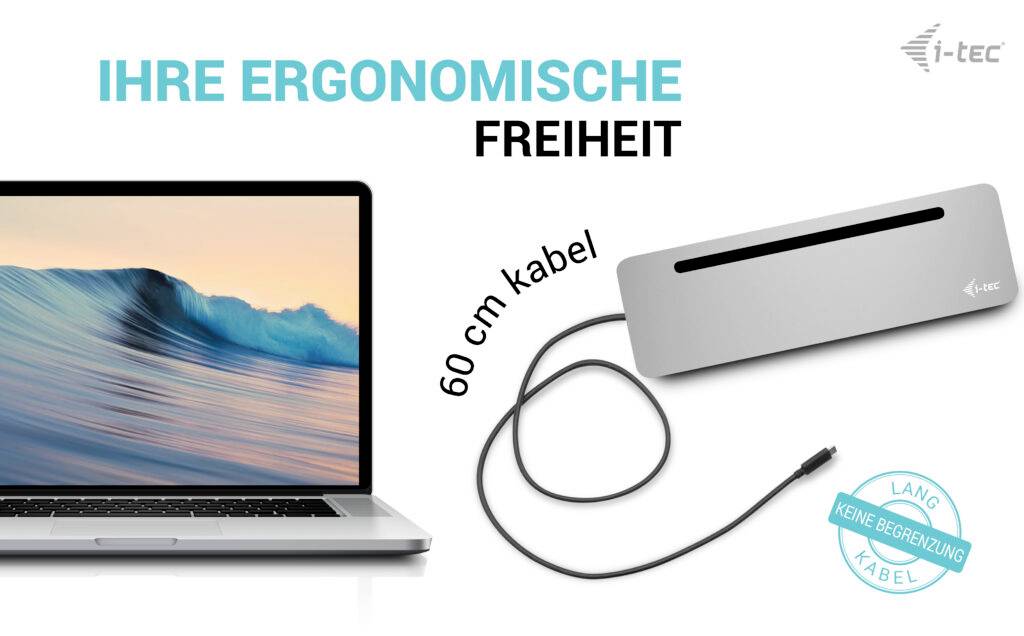 Laptop obok uchwytu na kable z napisem 'Wasza ergonomiczna wolność'. Pokazano 60 cm kabla. Logo marki w rogu.