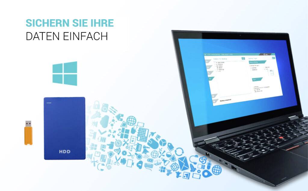 Laptop z otwartym oprogramowaniem do kopii zapasowych, obok symbol dysku twardego, pendrive i ikony. Tekst: 'Zabezpiecz swoje dane w prosty sposób'.