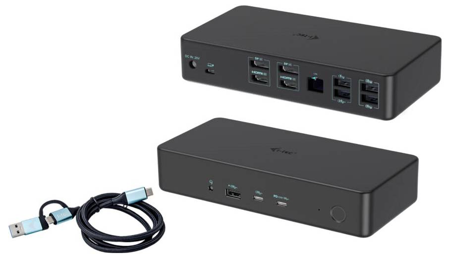 Czarna stacja dokująca z wieloma portami, w tym USB, HDMI i Ethernet. Zawiera osobny kabel USB.