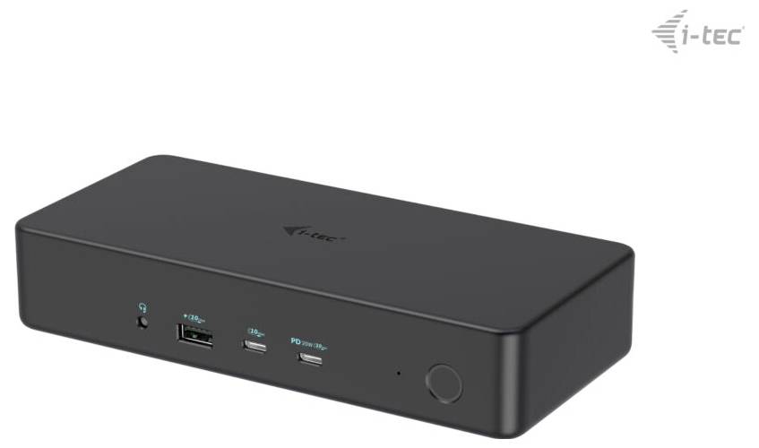 Czarna stacja dokująca firmy i-tec z wieloma portami, w tym USB i HDMI, widoczna od przodu.
