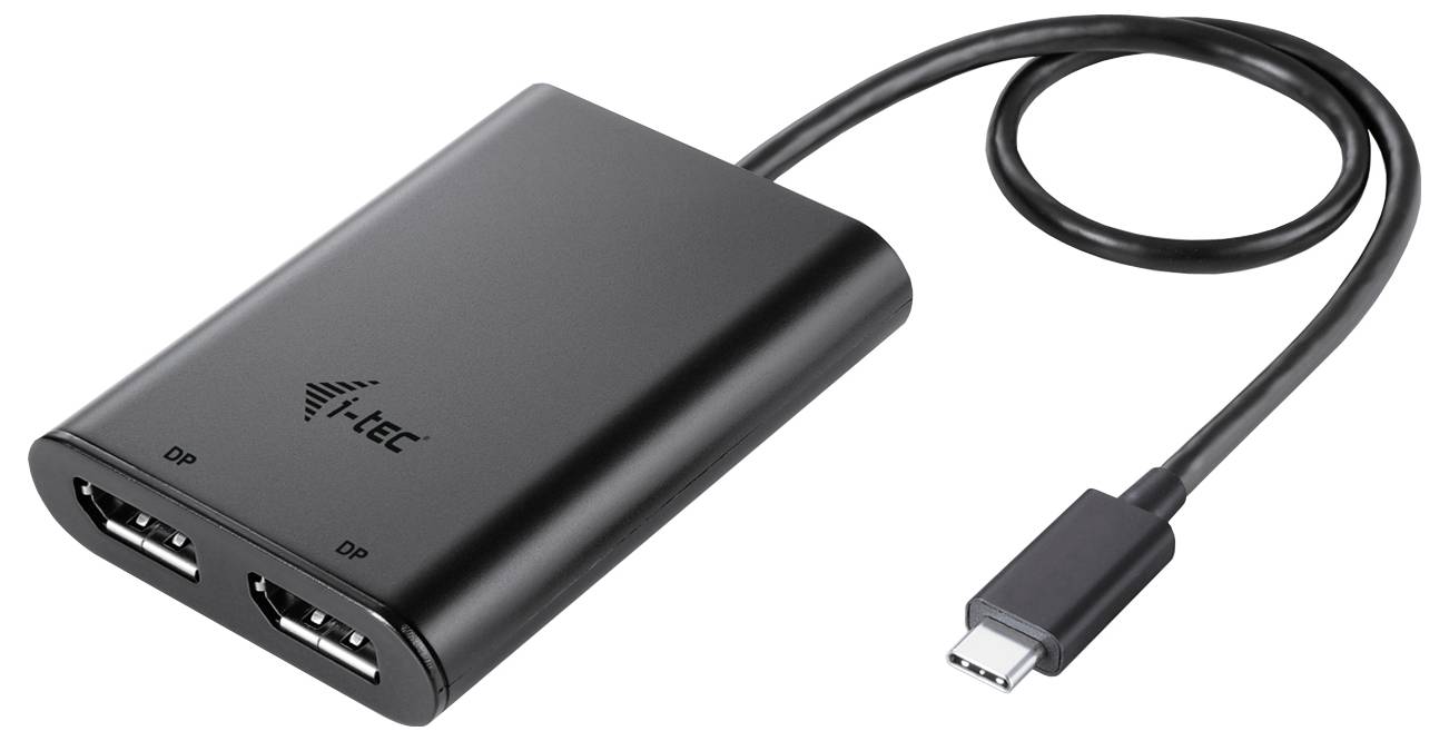 Czarny adapter USB-C z dwoma złączami DisplayPort. Podłączony kabel prezentuje możliwość podłączenia monitorów lub projektorów.