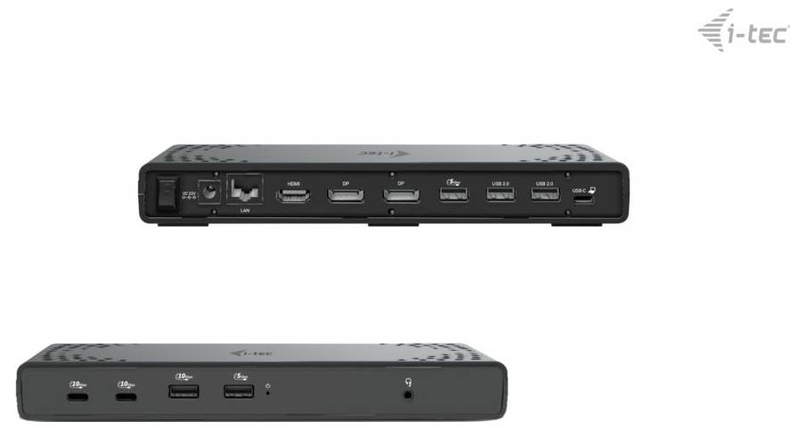 Czarna stacja dokująca z wieloma portami: LAN, HDMI, USB-C, USB-A, Audio. Logo w prawym górnym rogu obrazu.