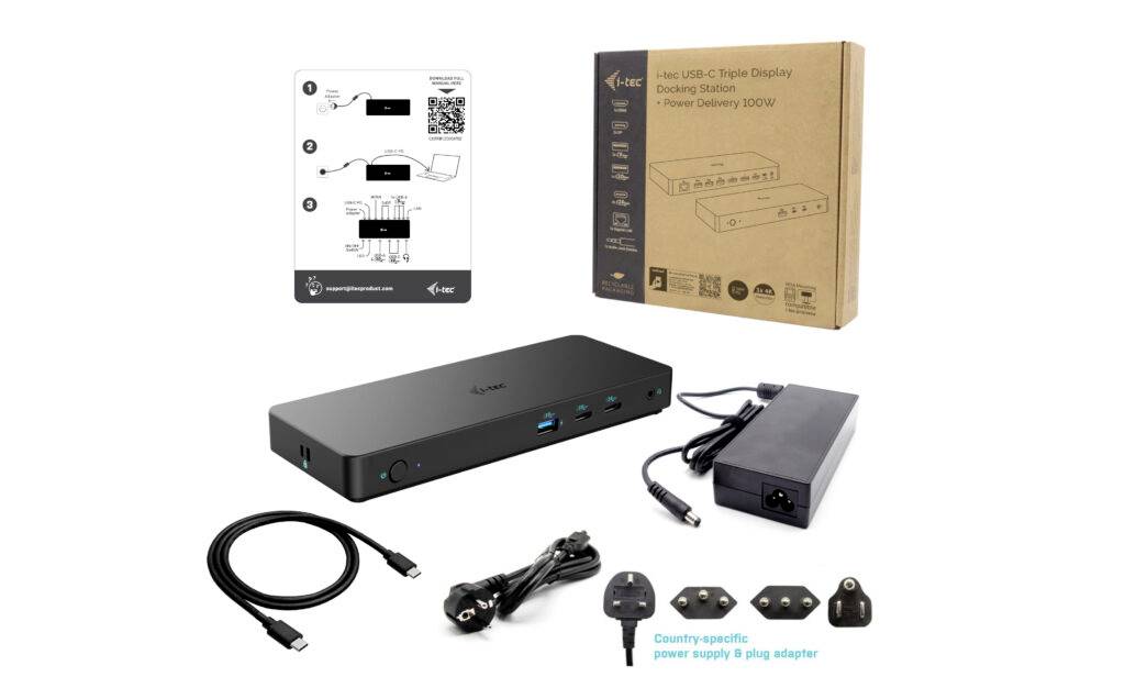 Stacja dokowa USB-C z odpowiednim zasilaczem sieciowym, przewodami i adapterami, gotowa do podłączenia wielu urządzeń oraz z instrukcjami obsługi.