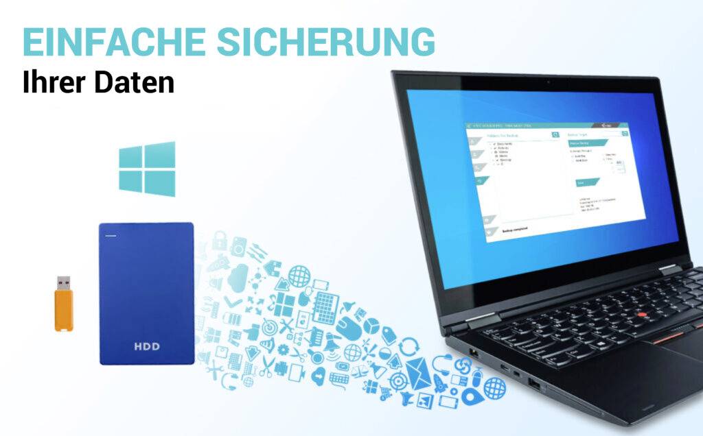 Laptop wyświetla oprogramowanie do tworzenia kopii zapasowych. Tekst: Prosta ochrona Twoich danych. Symbole dysku twardego i pendrive'a reprezentują opcje.