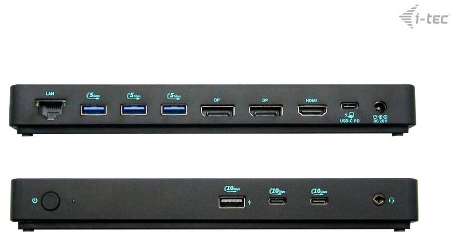 Zewnętrzna stacja dokująca z wieloma portami: LAN, USB 3.0, DisplayPort, HDMI i USB-C. Widok górnej i dolnej części.