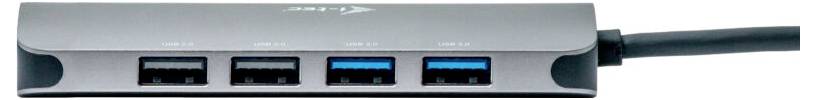 Koncentrator USB z czterema portami, z których dwa są wyróżnione na niebiesko, prezentuje różne rodzaje połączeń.