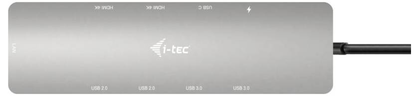 Hub USB firmy i-tec z portami: dwa USB 2.0, dwa USB 3.0, jeden HDMI, jeden Gigabit Ethernet, jeden USB-C.
