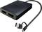 Czarny adapter z dwoma złączami DisplayPort, wtyczką USB 3.0 oraz kablem USB-C.
