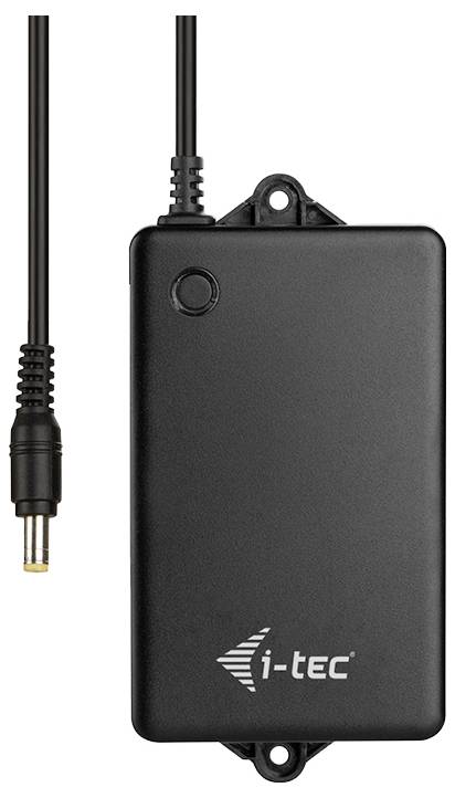 Czarny zasilacz od i-tec z kablem przyłączeniowym. Odpowiedni do różnych urządzeń elektronicznych.