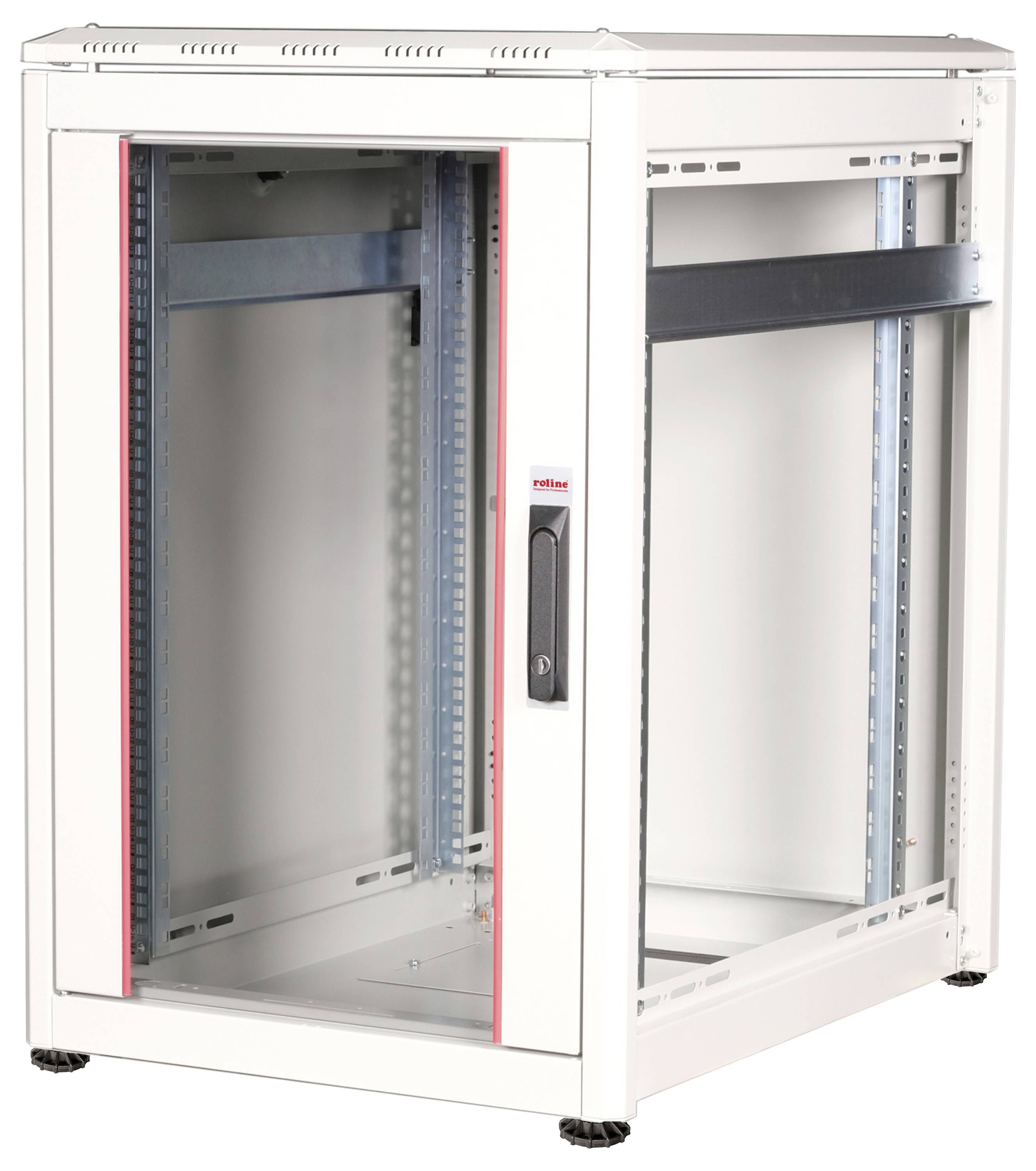 Pusty biały szafa serwerowa ze szklanymi drzwiami, stojakami i otworami wentylacyjnymi u góry, odpowiednia do przechowywania infrastruktury IT.