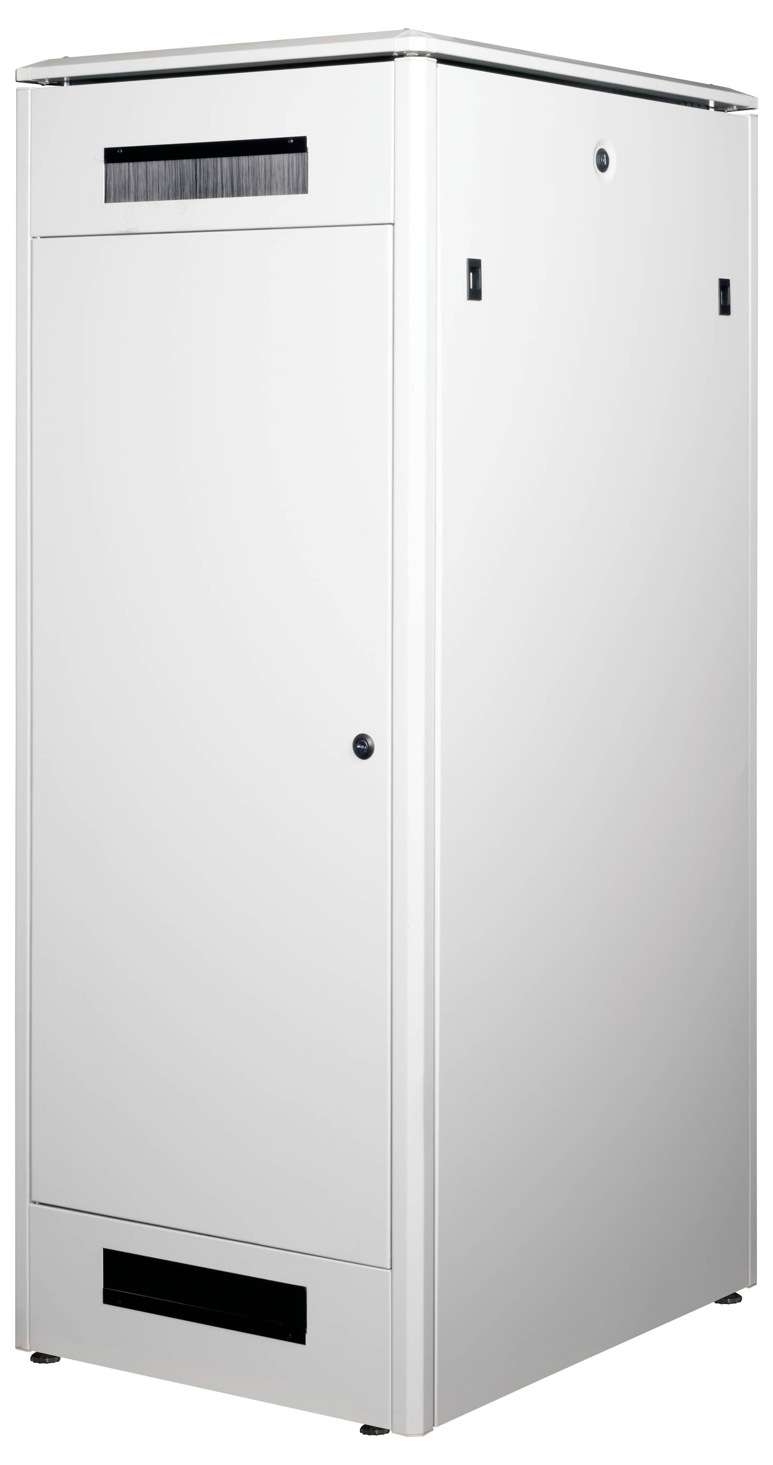 Duża, biała metalowa szafka z kratkami wentylacyjnymi u góry i u dołu, na neutralnym tle.