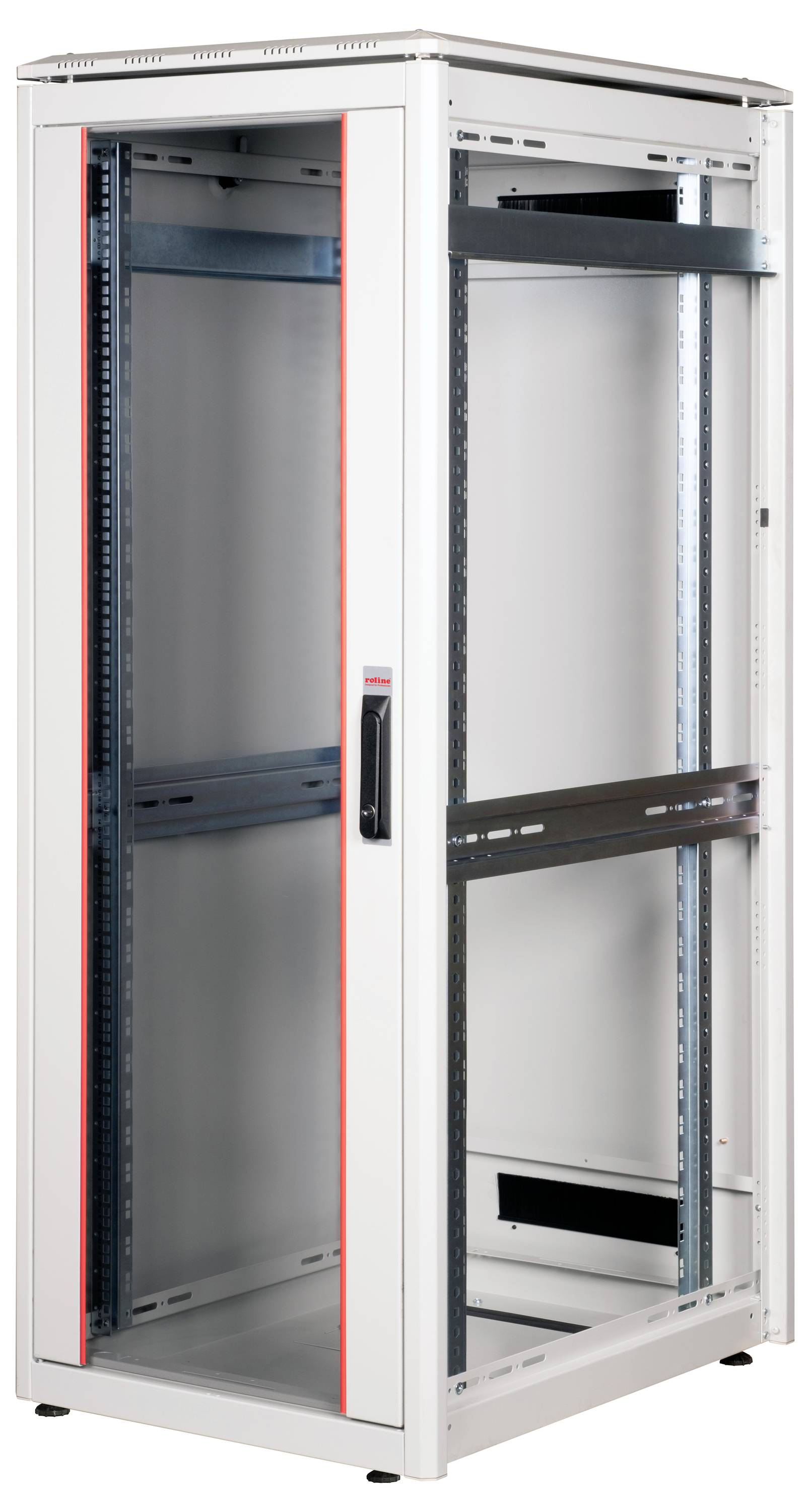 Pusty, metalowy szafa serwerowa z drzwiami szklanymi, przeznaczona do instalacji komponentów sprzętowych w centrach danych.