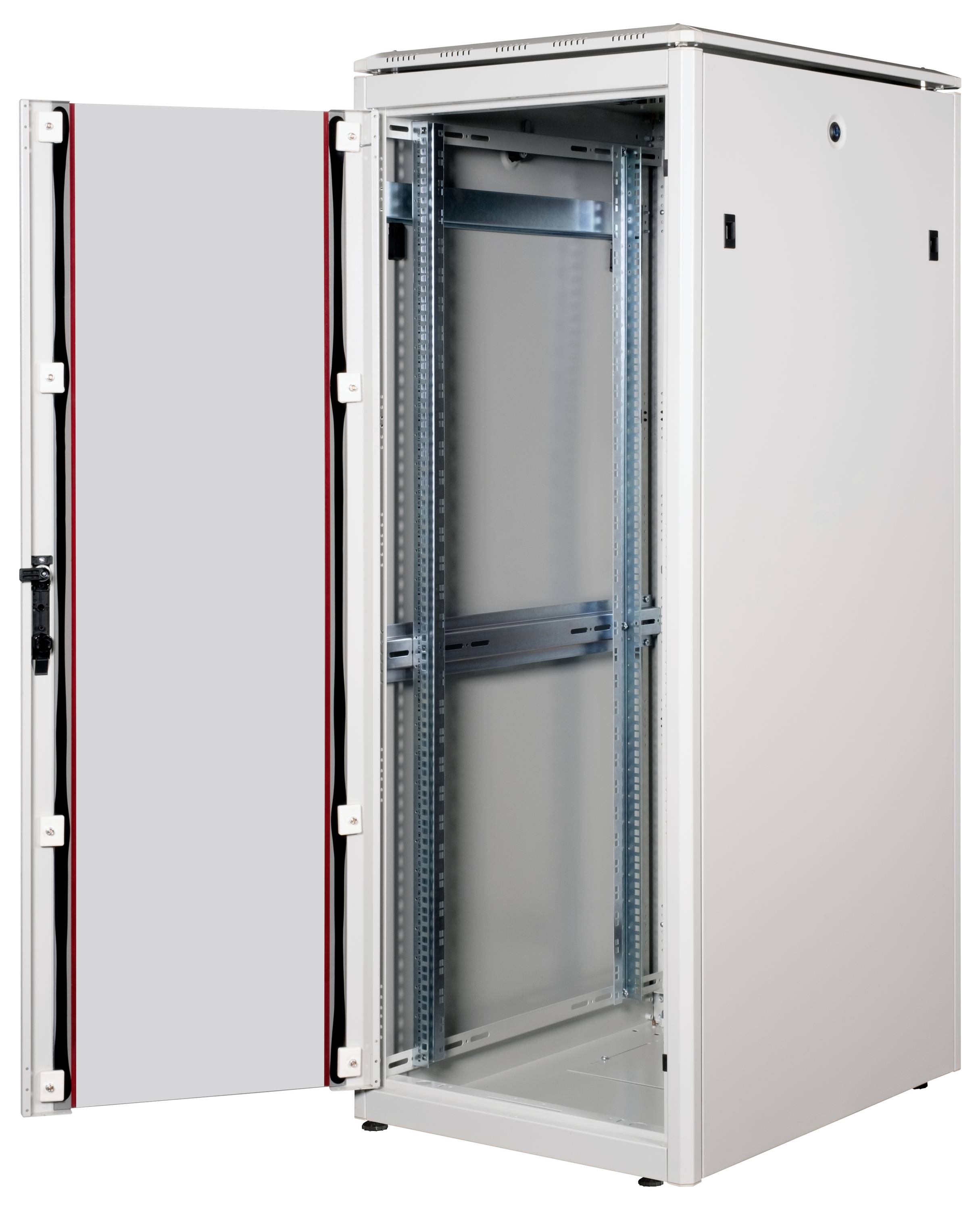 Pusty, otwarty biały szafka serwerowa z widocznymi uchwytami i szynami w środku. Drzwi są otwarte na bok.