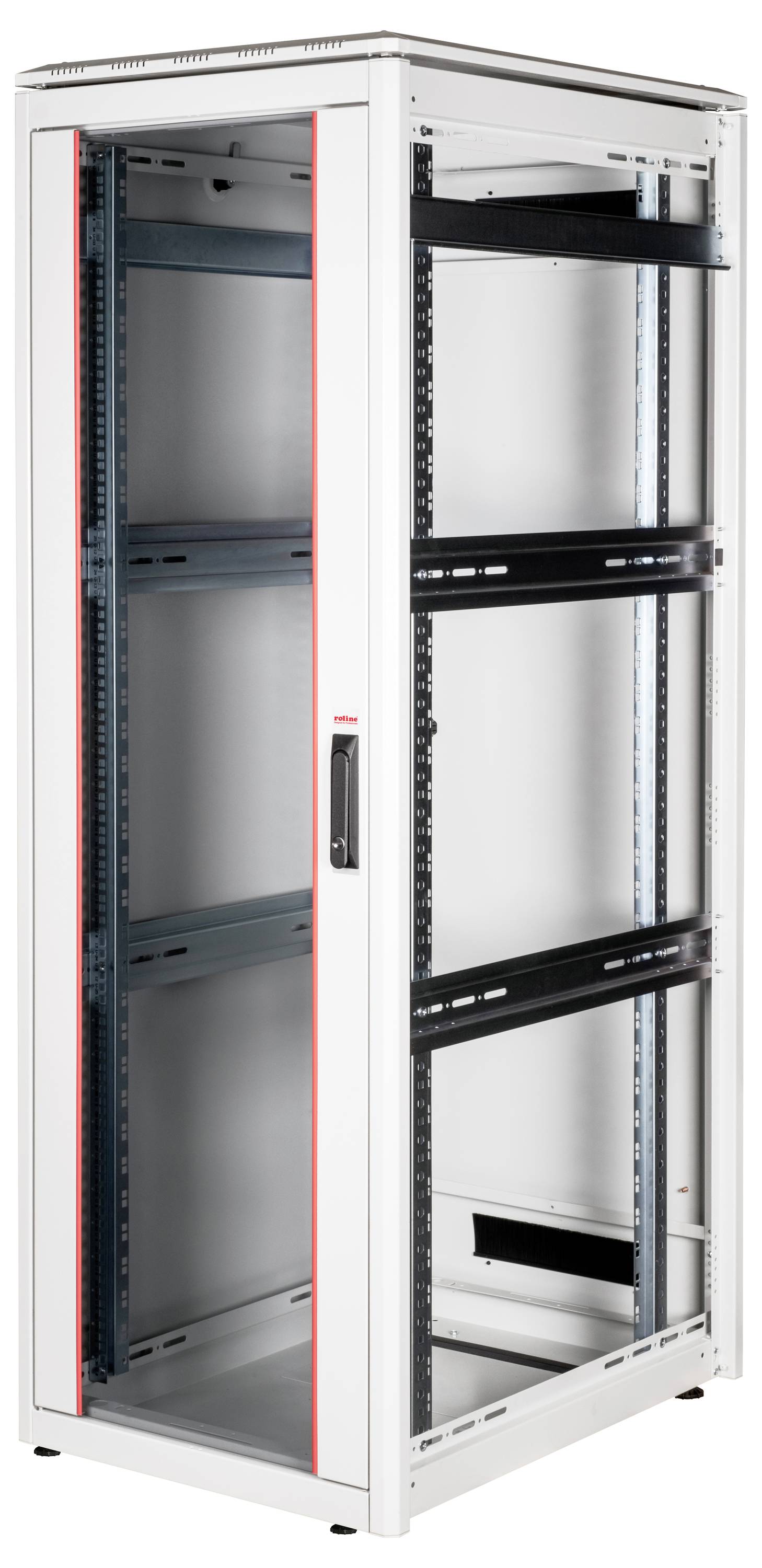 Pusty, biały szafa serwerowa ze szklanymi drzwiami i czarnymi akcentami, przeznaczona do instalacji serwerów i urządzeń sieciowych.