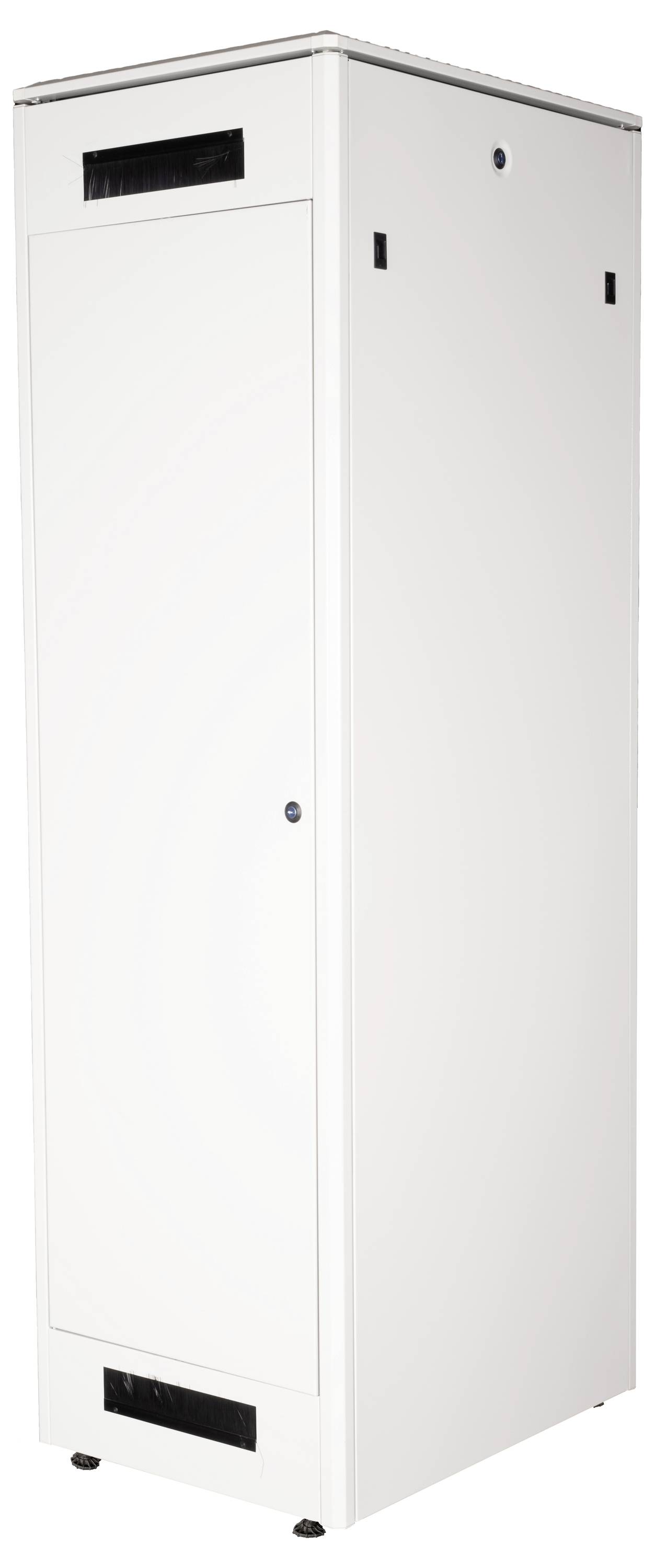 Biały, wysoki szafa serwerowa z zamkniętymi drzwiami, przeznaczona do przechowywania sprzętu IT w środowisku centrum danych.