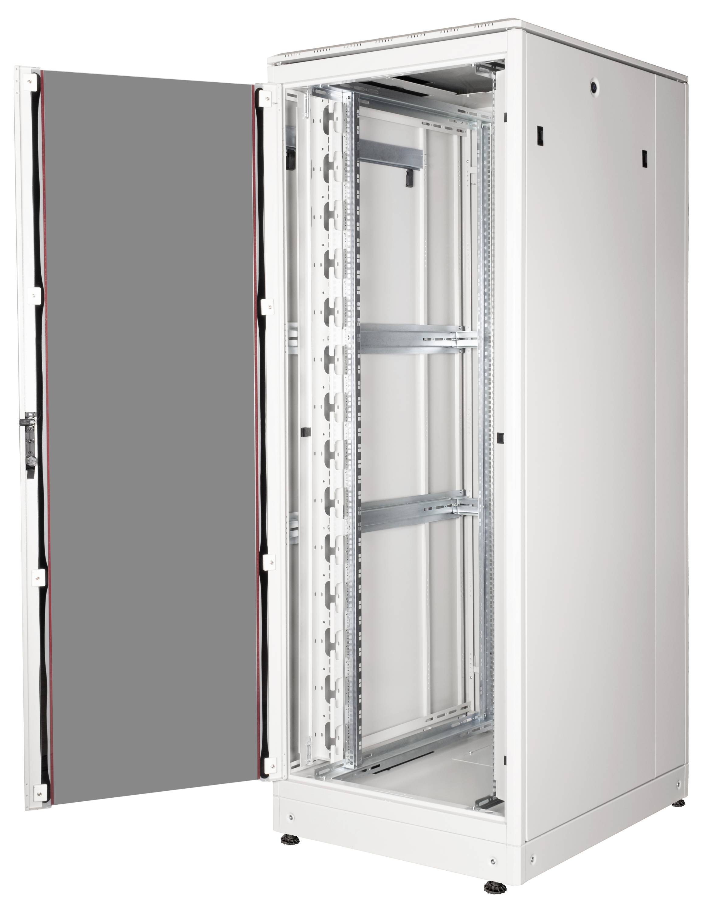 Otwarty szafa serwerowa ze złożoną po stronie drzwiczką, ukazująca puste szyny montażowe i miejsce przeznaczone na urządzenia informatyczne.