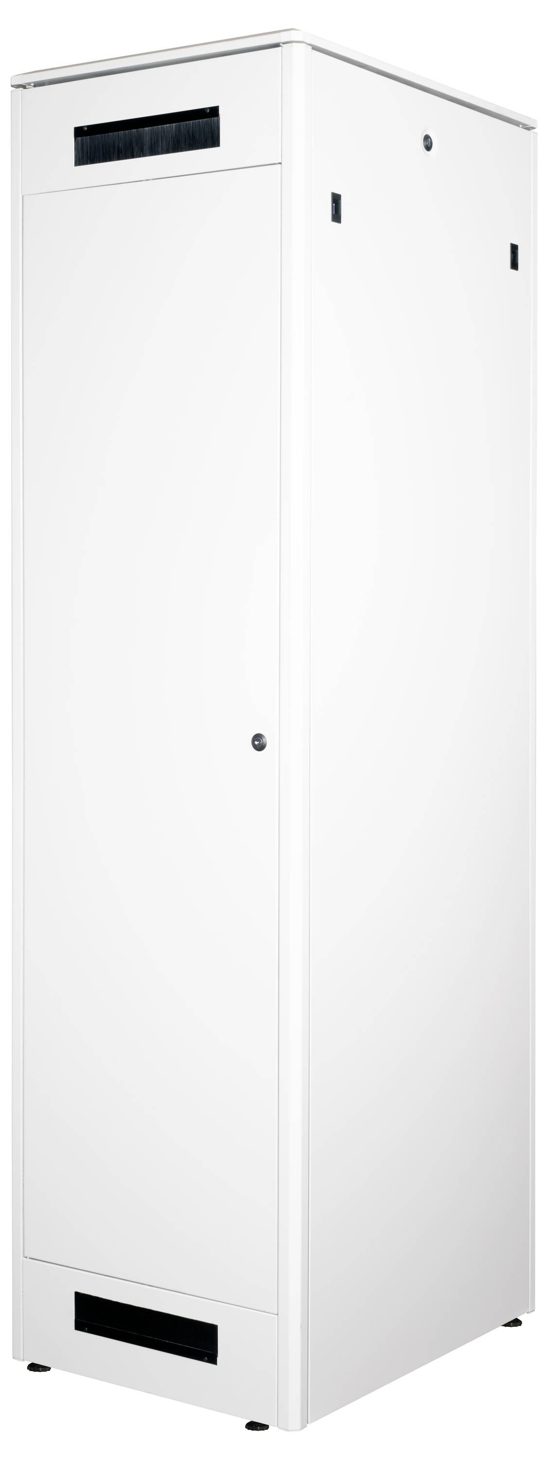 Biały, prostokątny metalowy szafka z otworami wentylacyjnymi u góry i u dołu.