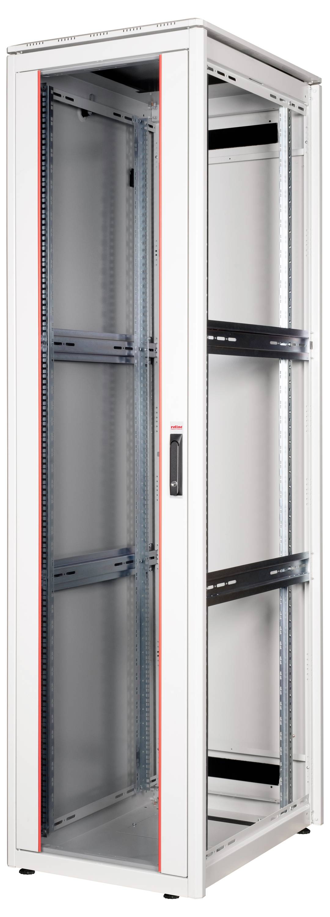Szafa serwerowa z metalową ramą i przednią ścianą ze szkła, przeznaczona do przechowywania sprzętu informatycznego. Idealna do środowisk sieciowych i serwerowych.