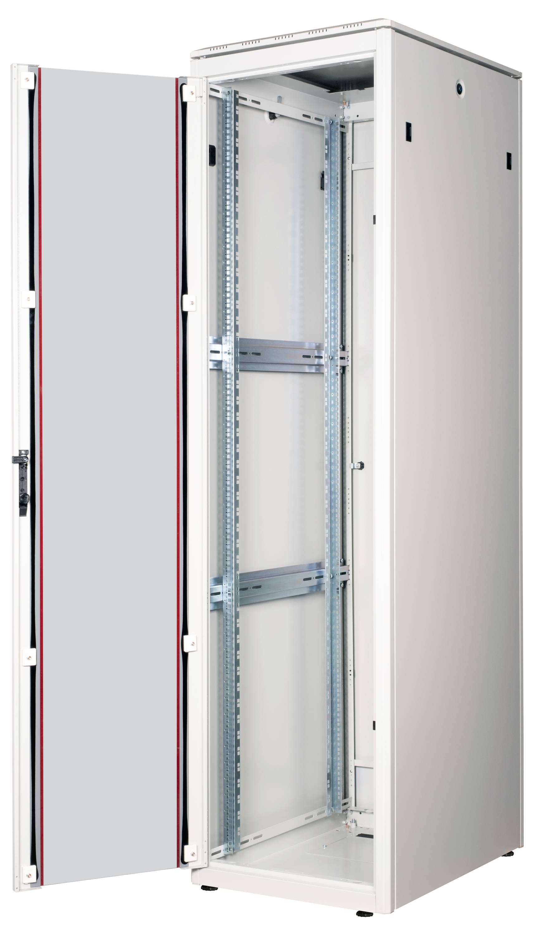 Otwarty, pusty szafa serwerowa z metalową ramą, przeznaczona do instalacji urządzeń IT w środowisku sieciowym lub centrum danych.