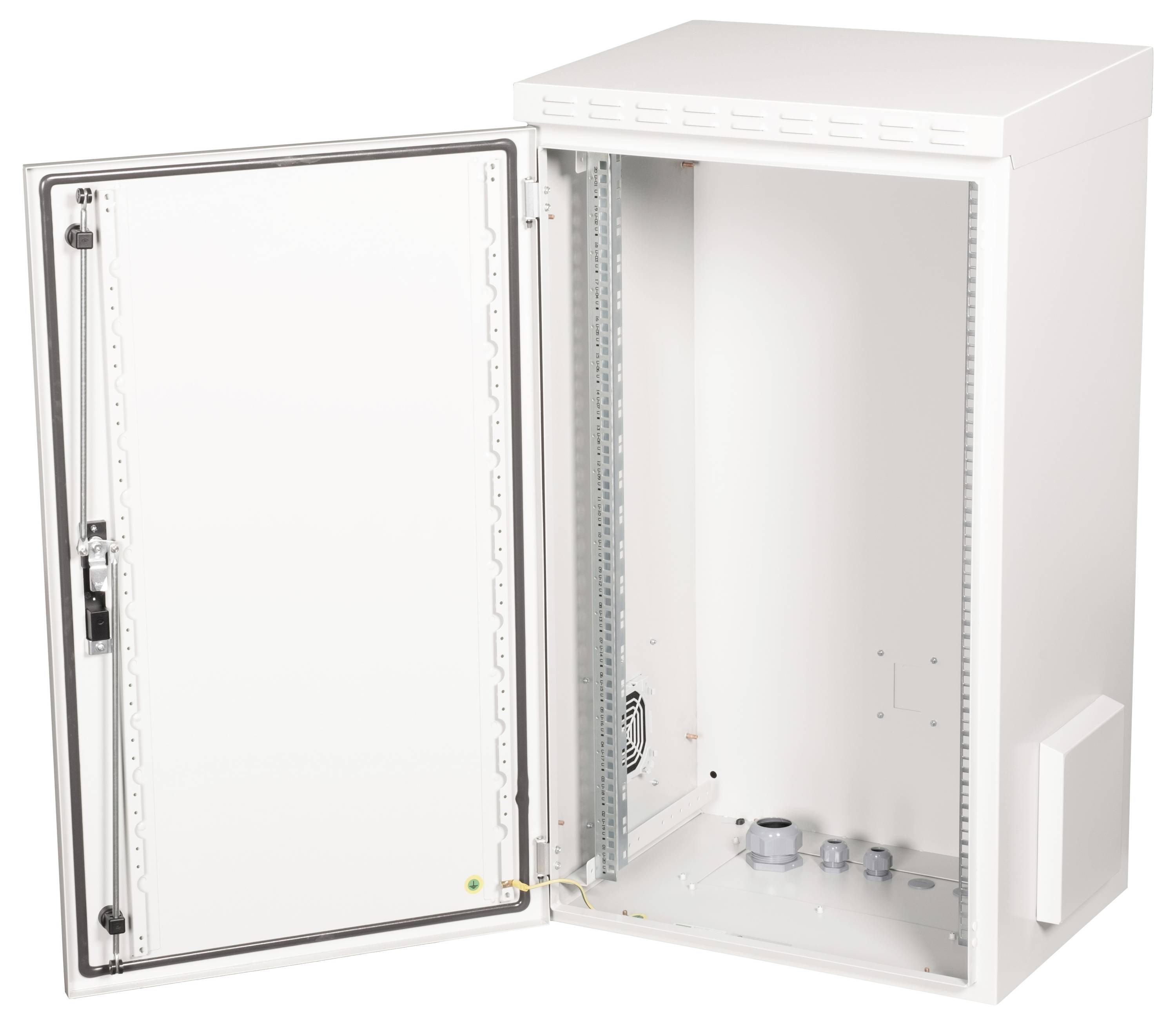 Biały, otwarty szafa sterownicza z widocznymi kanałami kablowymi i mocowaniami.