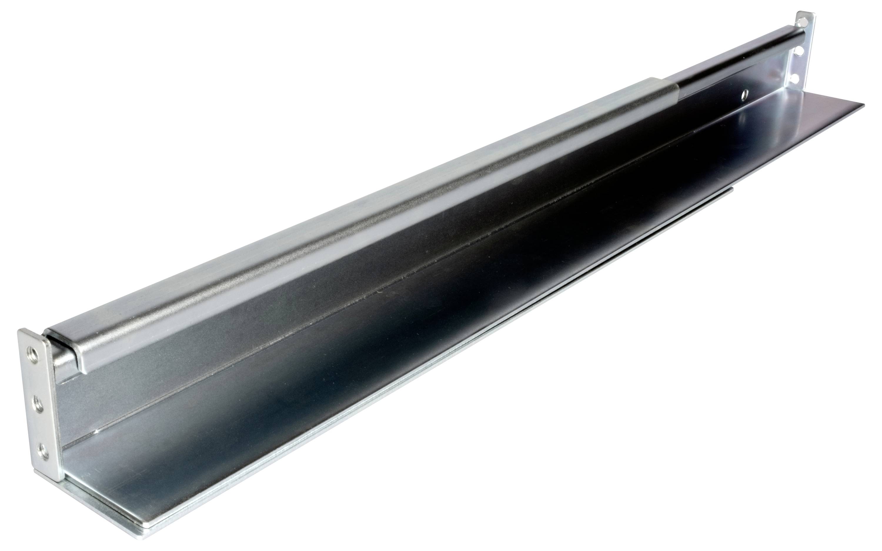 Prowadnica metalowa o kształcie litery L, odpowiednia do mechanizmów wysuwnych w meblach. Solidna i trwała, przeznaczona do przenoszenia ciężkich obciążeń.
