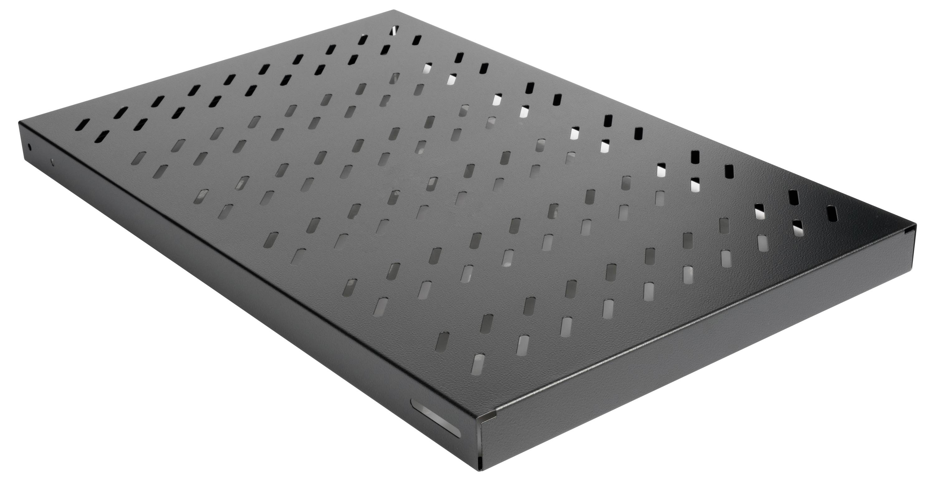 Prostokątna, czarna metalowa szafa z wyciętymi otworami wentylacyjnymi, przeznaczona do zamontowania w szafie sterowniczej.