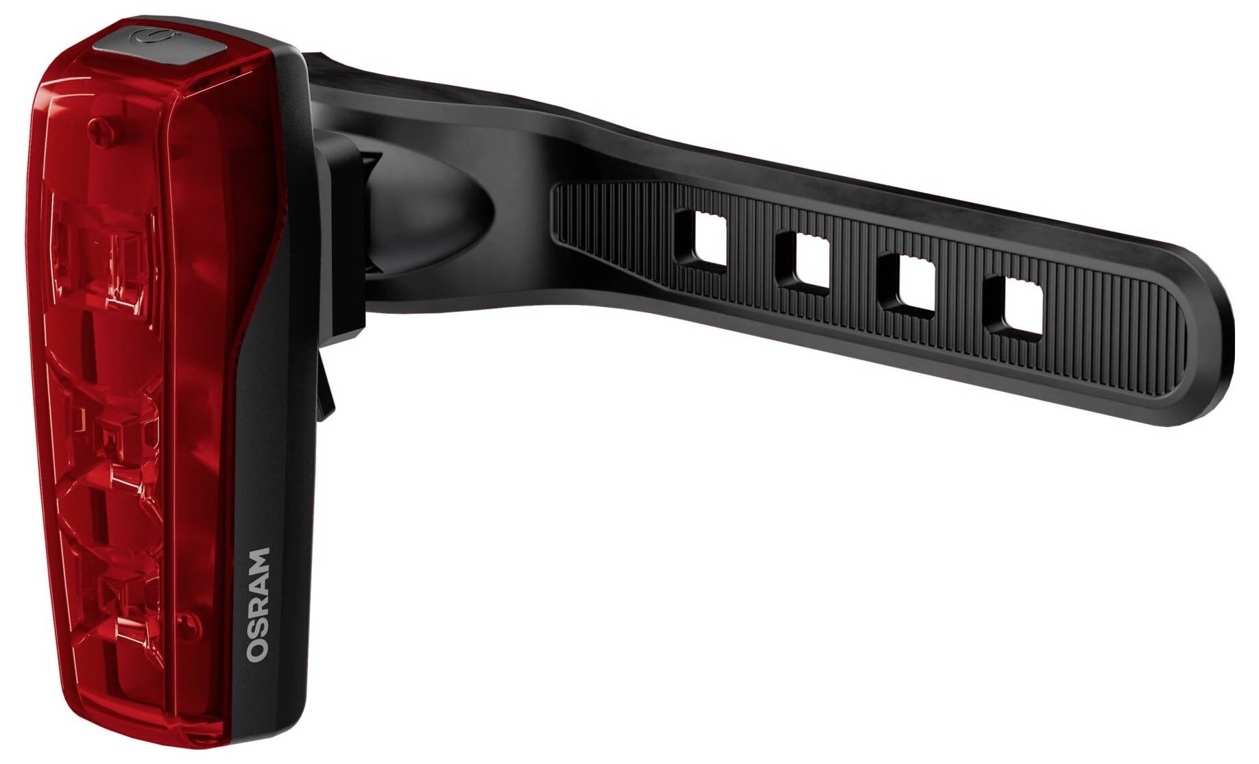 Tylne światło z czerwoną obudową i czarnym uchwytem mocującym, odpowiednie do rowerów. Oznaczenie: 'OSRAM' na boku.