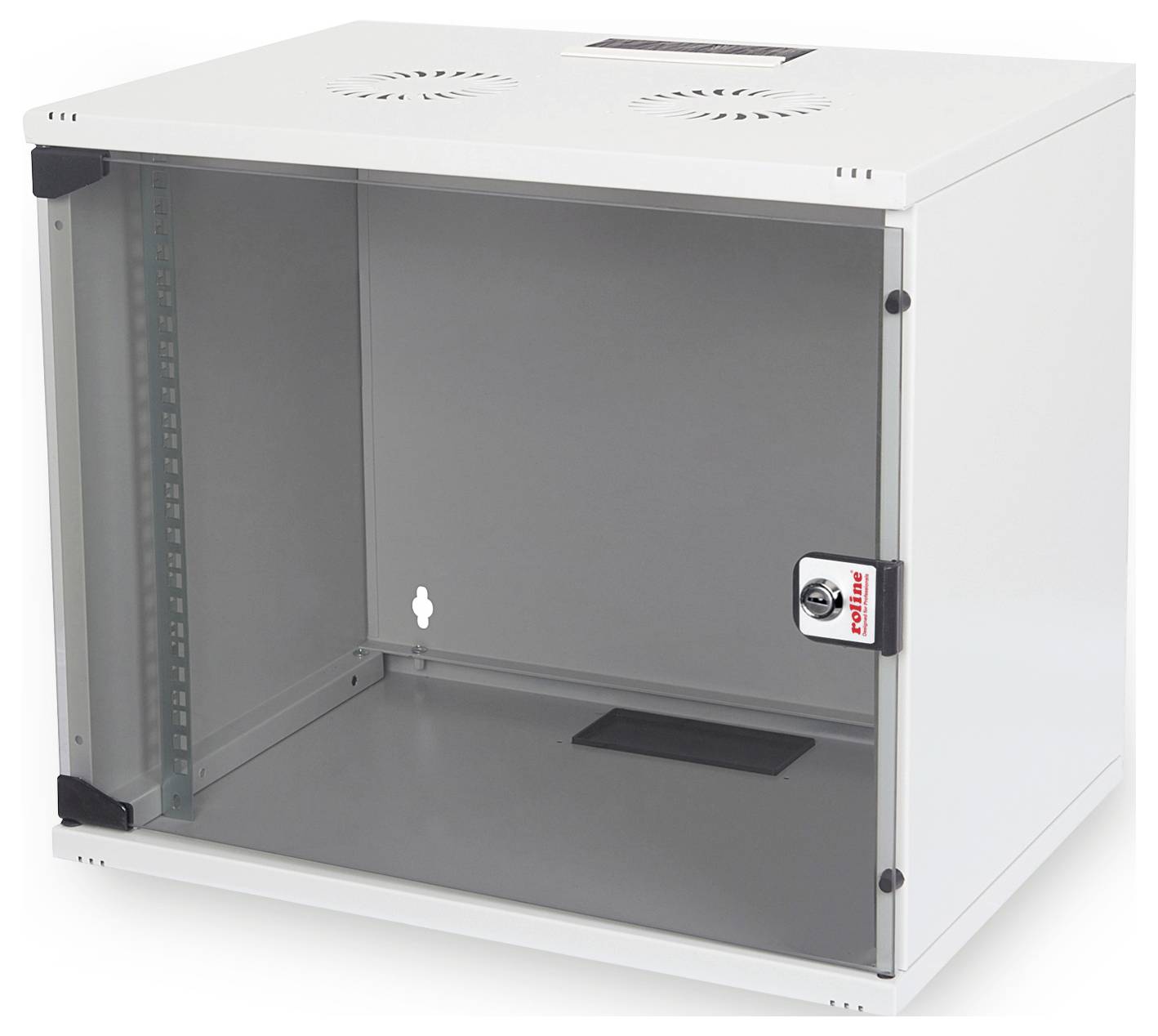 Biały, pusty metalowy szafka ścienna ze szklaną szybą, przeznaczona do bezpiecznego przechowywania sprzętu sieciowego i elektronicznego.