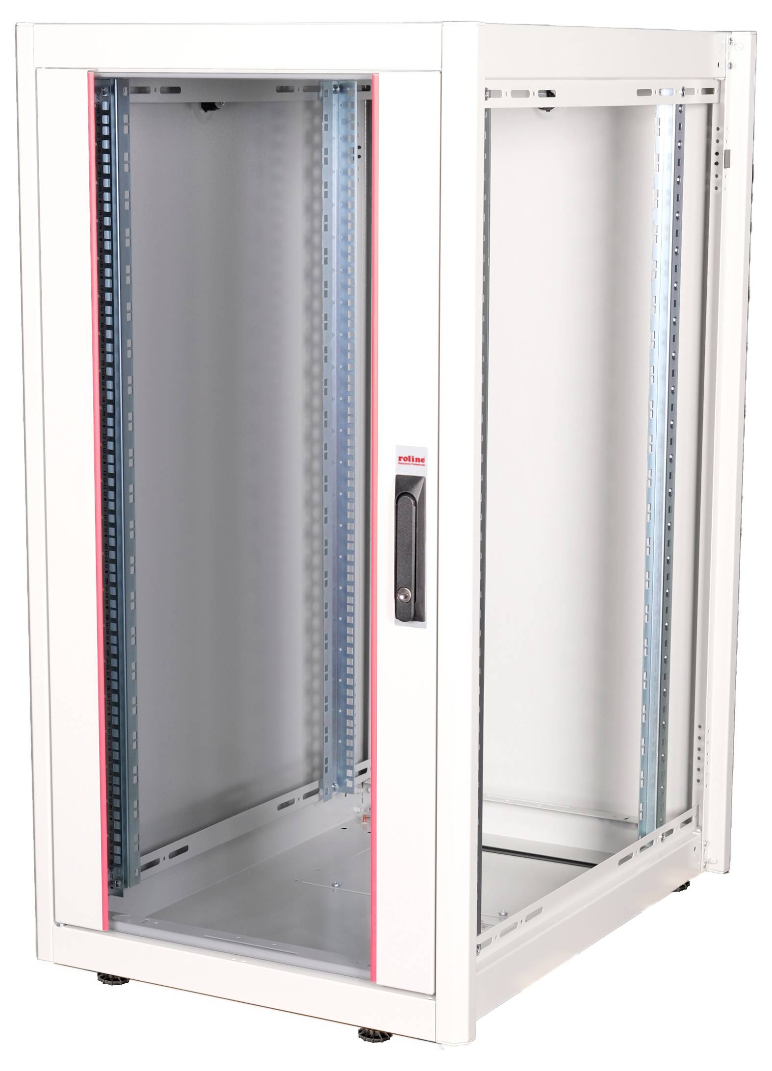 Puste, białe szafka serwerowa ze szklaną przednią ścianką i czarną klamką, przeznaczona do montażu urządzeń sieciowych w centrum przetwarzania danych.