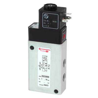 Elektromagnetyczny zawór Norgren z diagramem funkcji zaworu. Napięcie: 24V, moc: 4,5W. Czerwone światło wskazuje stan.