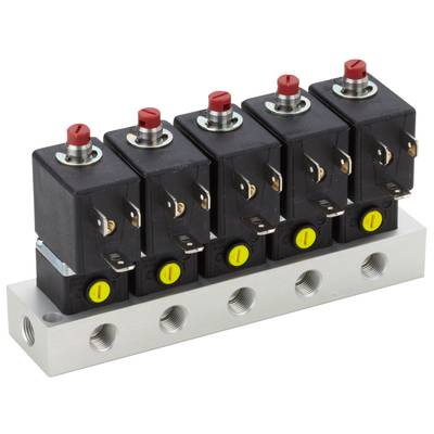 Seria pięciu czarnych elektrycznych przycisków sterowniczych na metalowej szynie, każdy z czerwonym przyciskiem i żółtym oznaczeniem.