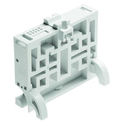 Elektroniczny element w postaci białej plastikowej obudowy, widoczne zaciski i wycięcia, stojący pionowo.