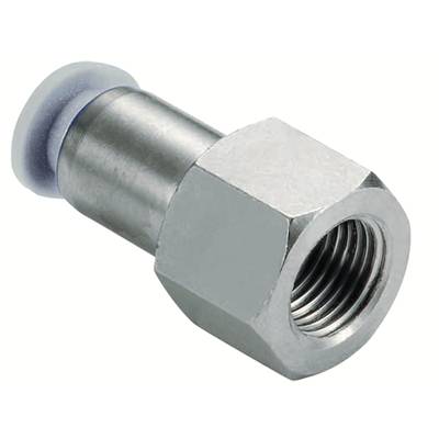 Srebrny metalowy łącznik z sześciokątną główką i gwintem wewnętrznym, powszechnie stosowany w instalacjach hydraulicznych.